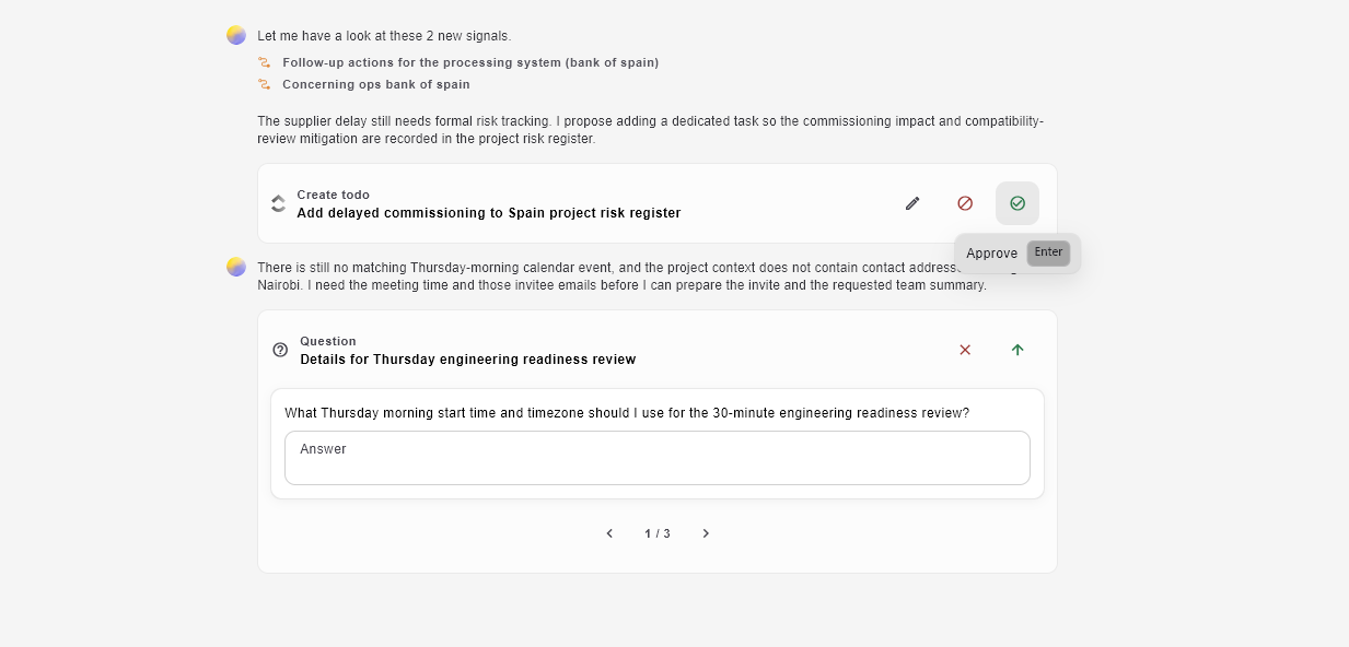 alayans assistant queue with a proposed task and a question awaiting review